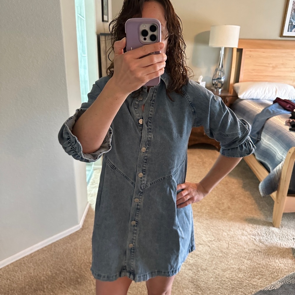 Denim Button-Front Mini Dress - Light Blue
